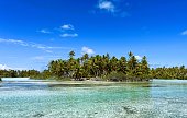 Palm trees forest and turquoise lagoon in Rangiroa atoll, Tuamotu archipelago, French Polynesia