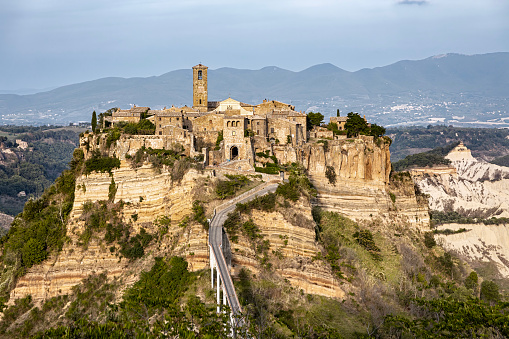 Scenic view of Civita di Bagnoregio, a medieval town built on top of a tuff rocky hill in Viterbo province, Lazio, Italy