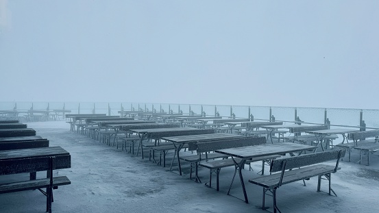 Seats on the mountain peak in foggy mood