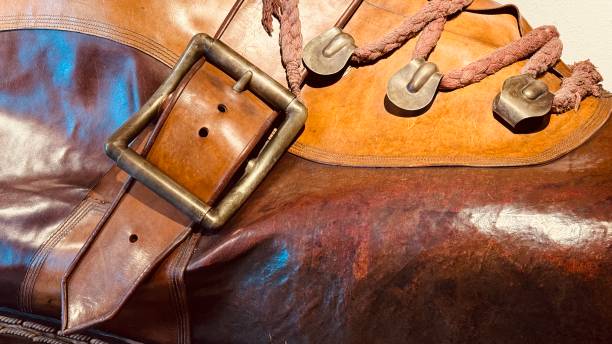 Hiking boots close up, brown leather