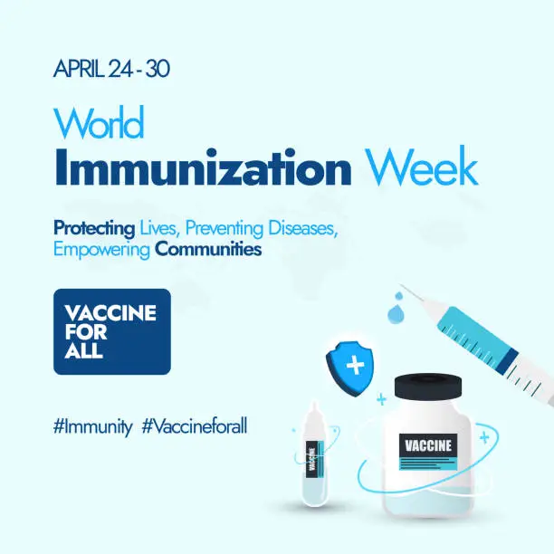 Vector illustration of April 24-30 World Immunization week. World immunization week 2024 Facebook awareness banner with cute icons of syringe, vaccine bottle, protection shield in light cyan theme color. Vaccine for all, immunity idea, concept