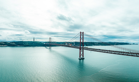 Panoramic photograph of the 25 de Abril bridge in the city of Lisbon over the Tajo River