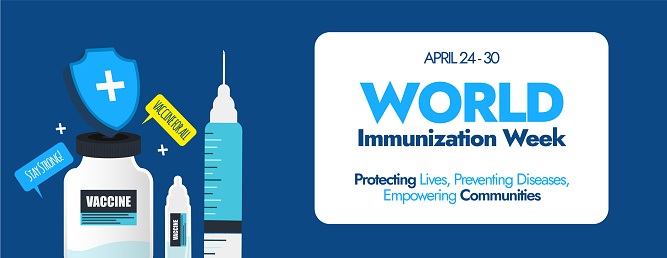 World Immunization Week. April 20 to 30 World Immunization week celebration social media cover banner with icons of vaccine bottles, syringe, protection shield. Vaccine for all awareness banner to stay healthy. Vector stock illustration

World Immunization week. Celebrated in the last week of April (24-30). Illustration with text and injection syringe for social media, posters, banners. stock illustration

Vaccination concept, vector image in flat style stock illustration

April 24-30 World Immunization Week card contains ampoules with a vaccine stock illustration

National Immunization Awareness Month. Vector stock illustration