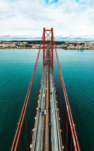 Panoramic photograph of the 25 de Abril bridge in the city of Lisbon over the Tajo River