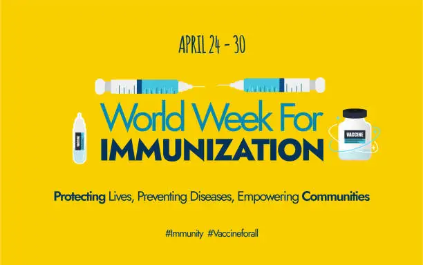 Vector illustration of World Immunization week. World immunization week 2024 awareness social media cover banner with cute icons of syringe, vaccine bottle in yellow theme background. Vaccine for all to awareness post