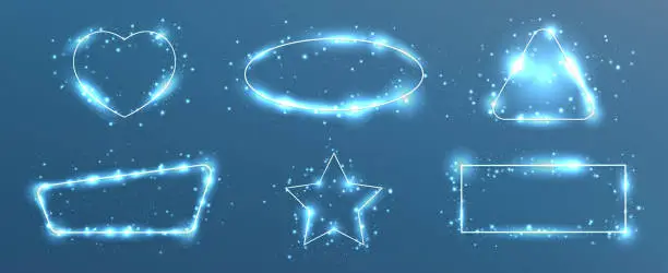 Vector illustration of Set of six neon frames with shining effects and sparkles