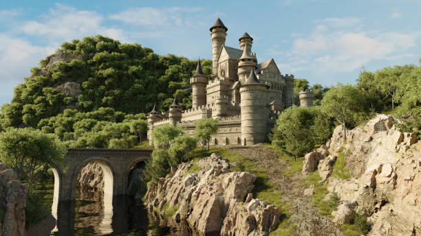 istock Grand stone castle with spires sits atop a cliff, connected by a bridge over a river, amid a verdant landscape. 3d render 2094090438