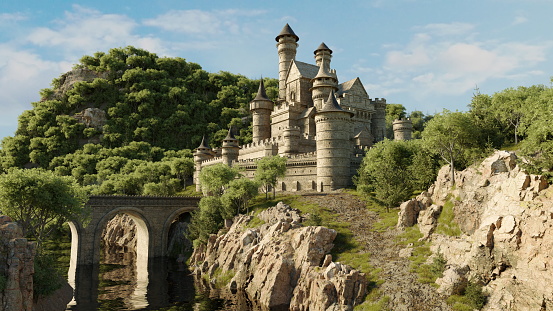 Grand stone castle with spires sits atop a cliff, connected by a bridge over a river, amid a verdant landscape. 3d render. Image was not created with AI!