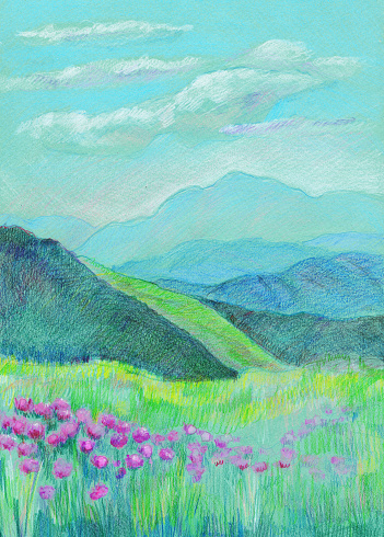 tulips blooming in the foothills, drawn with colored pencils