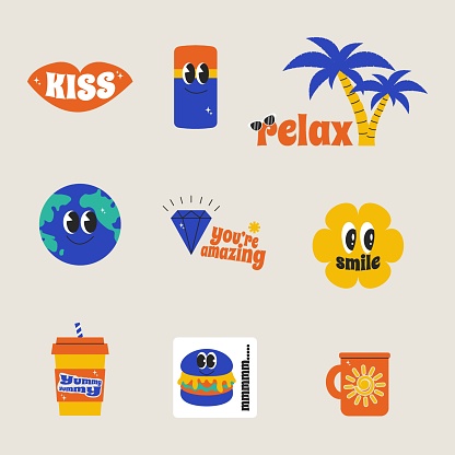 Summer character chat in retro groovy mood vibes. Bundle shape quote slogan. Vector collection icon in trendy color 90s. Hippie stickers
