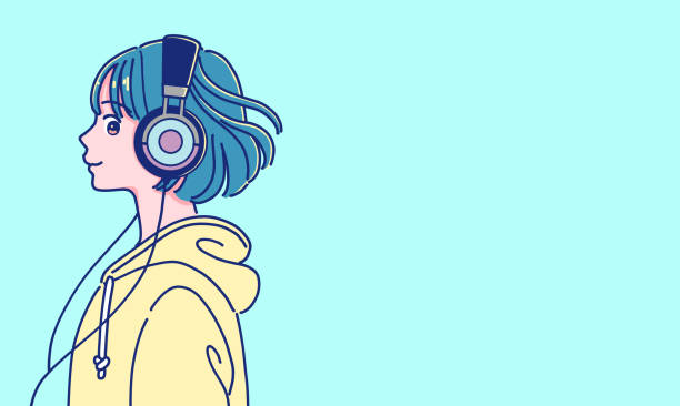 mädchen im anime-stil hört musik mit kopfhörern - generation z stock-grafiken, -clipart, -cartoons und -symbole