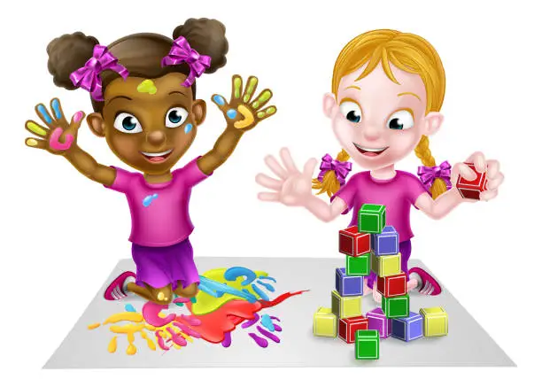 Vector illustration of Cartoon Girls Playing with Paint and Blocks