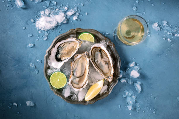 istock Oysters on a plate with lemon and lime, on ice, overhead flat lay shot 2094103437