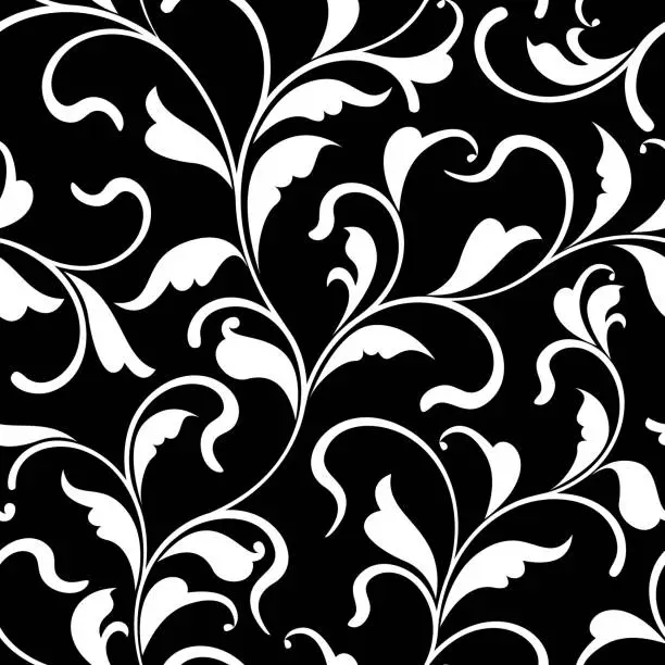 Vector illustration of Elegant seamless pattern with swirls and leaves on a black background. Texture for wallpaper, home decor, textile, package design or invitation