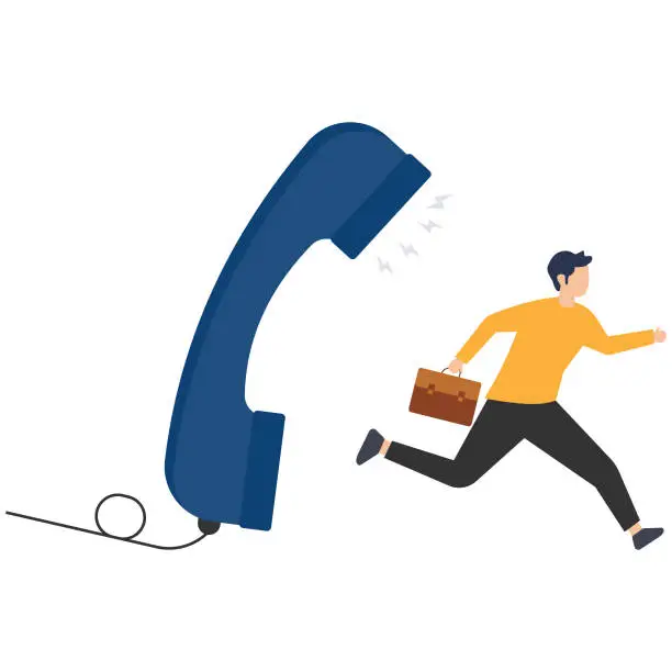 Vector illustration of Frustrated male employee runs away from a large handset. Mental stress, talking with boss, Chief yelling on the telephone, Psychological pressure, Office violence illustration