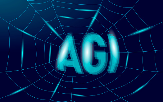 Artificial general intelligence wire web low poly letter symbols. Minimalist style AGI icon. Woman head machine learning concept technology AI brain vector illustration.