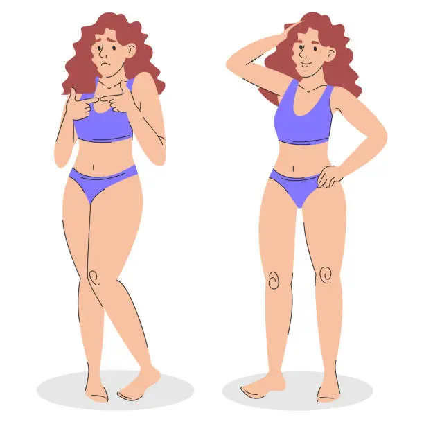 Vector illustration of Shy and confident woman in swimwear