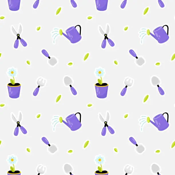 Vector illustration of Seamless pattern with gardening tools and flowers. Vector illustration.