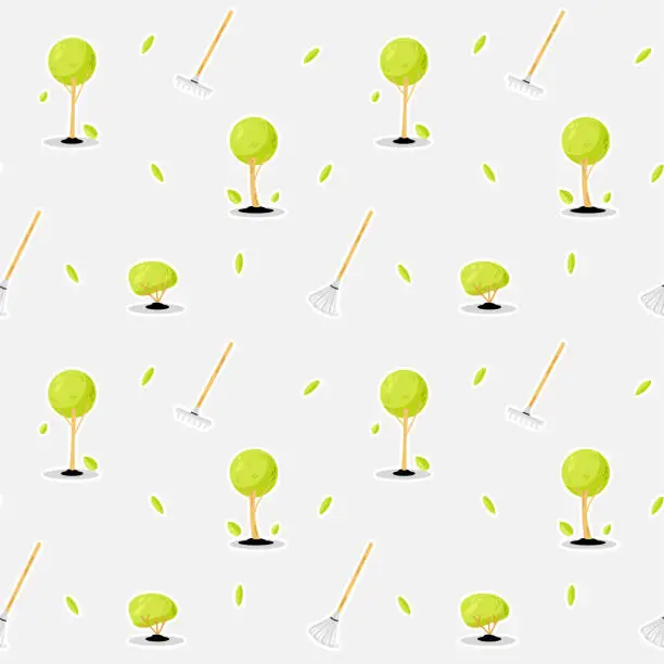 Vector illustration of Seamless pattern with green trees and garden tools on gray background