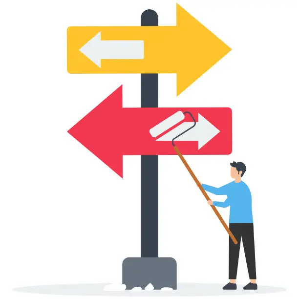 Vector illustration of Change to the opposite direction, business decision, change to better opportunity, conflict or reverse direction, career path illustration, man paint direction concept