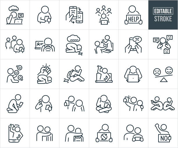 ilustraciones, imágenes clip art, dibujos animados e iconos de stock de cyberbullying thin line icons - editable stroke - acoso-escolar