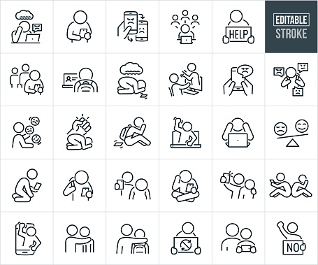 A set of cyberbullying icons that include editable strokes or outlines using the EPS vector file. The icons include a teenager at laptop computer being cyber-bullied while online, sad youth with head down being cyber-bullied on phone, angry cyberbully using smartphone to cyberbully peer, person being cyber-bullied on social media, teenager holding a 