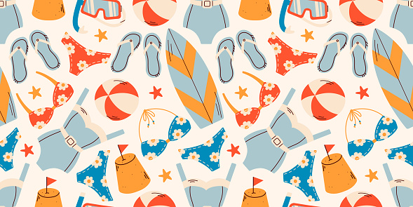 Resort summer beach seamless pattern. Travel along the sea coast. Water recreation. Exotic tropics. Swimsuits, flip-flops, starfish, surfboards. Seamless stylish pattern on a summer theme.