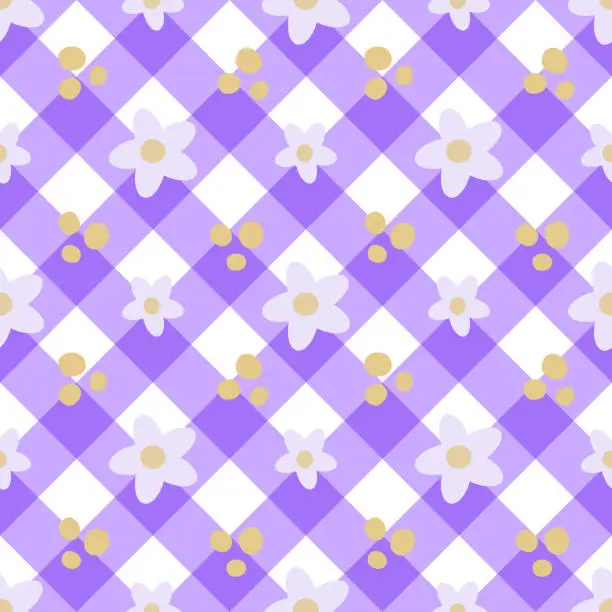 Vector illustration of seamless pattern with flower on purple tartan