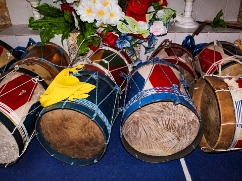 Caixas do Divino, drum of the folia, or drum of Maranhão, percussion instrument, played in congados, reisados ​​and celebration of the divine, traditional folk musical instrument from Brazil