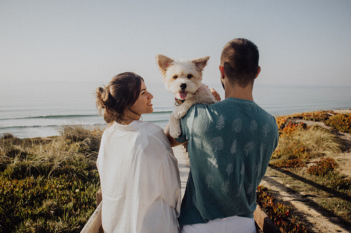 Couple and dog enjoy ocean view.