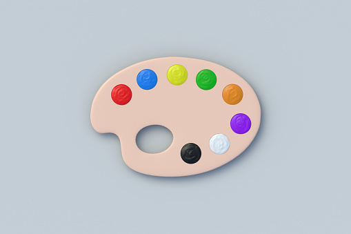 Paint palette with colorful dyes on gray background. Artist's tool. Art accessories. Drawing equipment. Top view. 3d render