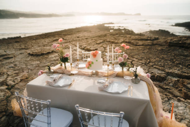 istock Decorated dining table by the sea 2094177839