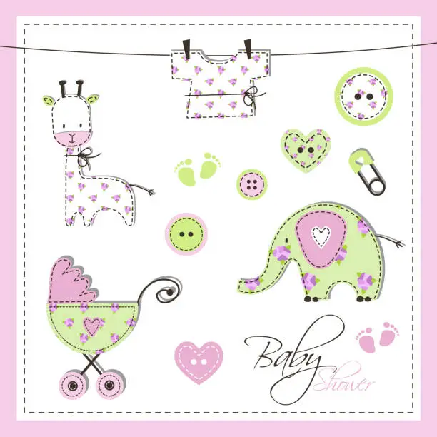 Vector illustration of Baby boy and baby girl shower design elements. Cute Scrapbook design.