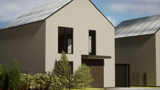 istock Architecture 3d rendering illustration of modern minimal house in cottage development 2094191635