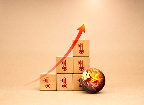 Global Warming, climate change, greenhouse effect, environmental sustainable responsibility concept. Red arrow rise on wooden cube blocks, growth graph step with temperature icon and hot earth globe.