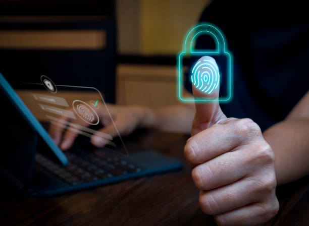 istock Blue fingerprint scan with lock icon on virtual screen while finger scanning for security access with biometrics identification for login. Cyber security, privacy data protection technology concept. 2094208844