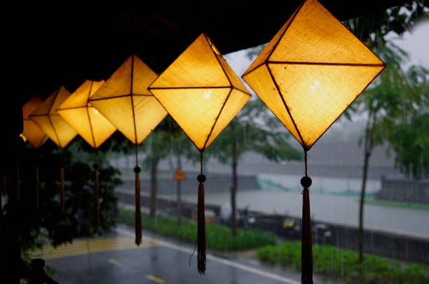 Diamond shape paper lanterns hanging from the roof