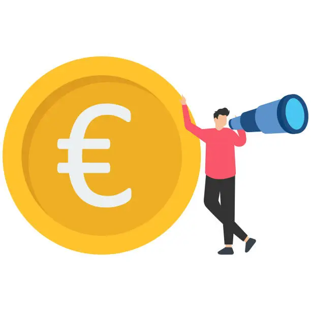 Vector illustration of Europe economy forecast or vision, financial or economics recession illustration, look to see future concept, businessman money, investorEuro money coin, clear vision concept