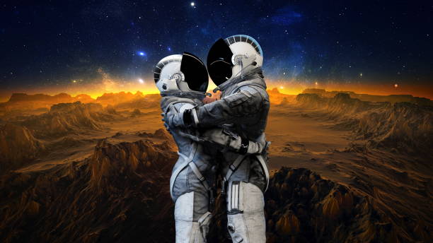 istock Two astronauts embracing on an alien planet, with a horizon glowing from a sunset beneath a star-filled sky, signifying exploration and companionship. 3d render 2094219691