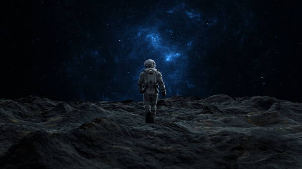 istock Astronaut walks on desolate moon, nebulous cosmic clouds and stars swirling in the space above. 3d render 2094219697