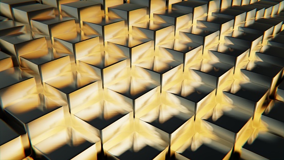 Close-up of reflective golden cubes arranged symmetrically with soft lighting creating a luxurious texture. 3d render