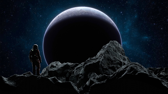 Astronaut looks at a large planet from a rugged extraterrestrial surface under a starry sky. Cosmonaut in space. 3d render