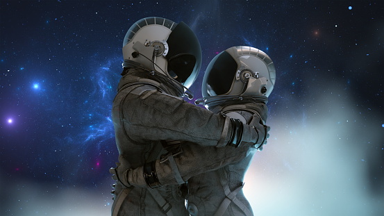 Two of astronauts couple in embrace with visor touching, surrounded by the starry expanse of space, creating a symbol of human connection in the cosmos. Love hug, man and woman. 3d render