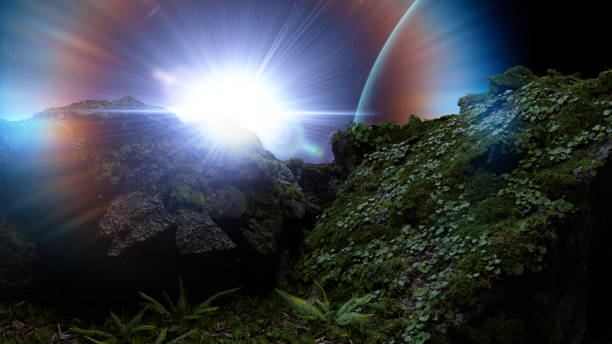 Sunlight streams over rugged peaks, illuminating verdant foliage against a dramatic sky. 3d render