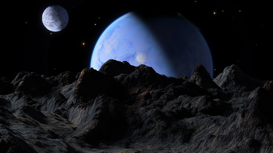 Rugged alien landscape with a large, Earth-like planet and its moon looming in the dark space sky. Stars twinkle distantly, enhancing the celestial grandeur of the view. 3d render