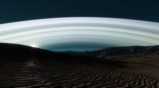 Planet massive rings seen from rugged mountainous surface, casting gradient of light across sky, mountain landscape. 3d render