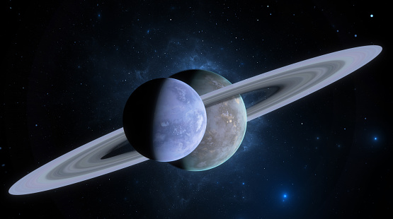 Gas giant with rings accompanied by a moon against a starry backdrop. 3d render