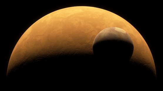 Majestic view of large, Mars like planet with textured surface, accompanied by smaller moon against backdrop of space. Light and shadow, dramatic and serene cosmic scene. 3d render