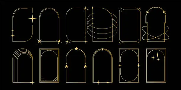 Vector illustration of Elegant Golden Geometric Frames with Celestial Elements on a Dark Background.