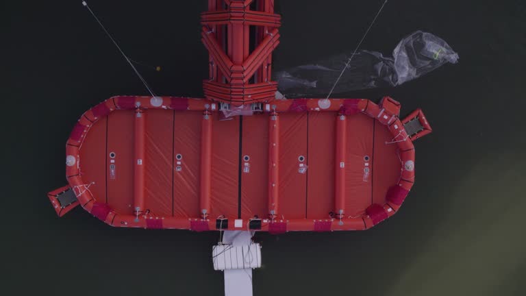 Aerial view of launching of a life raft in calm water, Harlingen, Netherlands